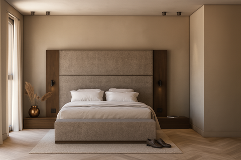 Beige headboard op maat in tweedstof met geïntegreerde houten panelen en nachtkastjes