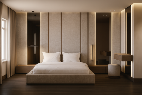 Wandvullend beige linnen headboard op maat in hotel chique stijl
