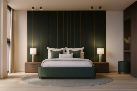 Diepgroen velvet headboard op maat met verticale lijnen en messing details