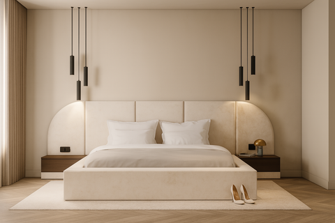 Minimalistisch beige headboard met afgeronde vormen en strakke hanglampen, op maat