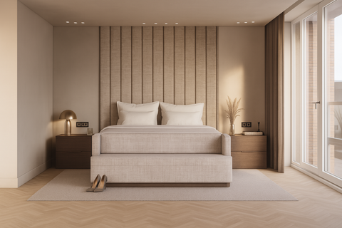 Linnen beige headboard met verticale panelen op maat, in hotel chique stijl