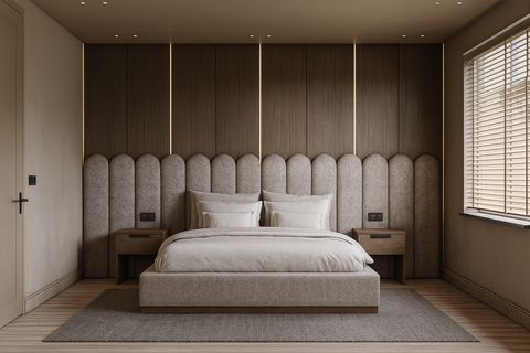 Op maat gemaakt beige headboard met ronde panelen en houten muurafwerking