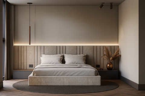 Modern beige headboard met verticale lijnen en geïntegreerde LED-verlichting, op maat gemaakt